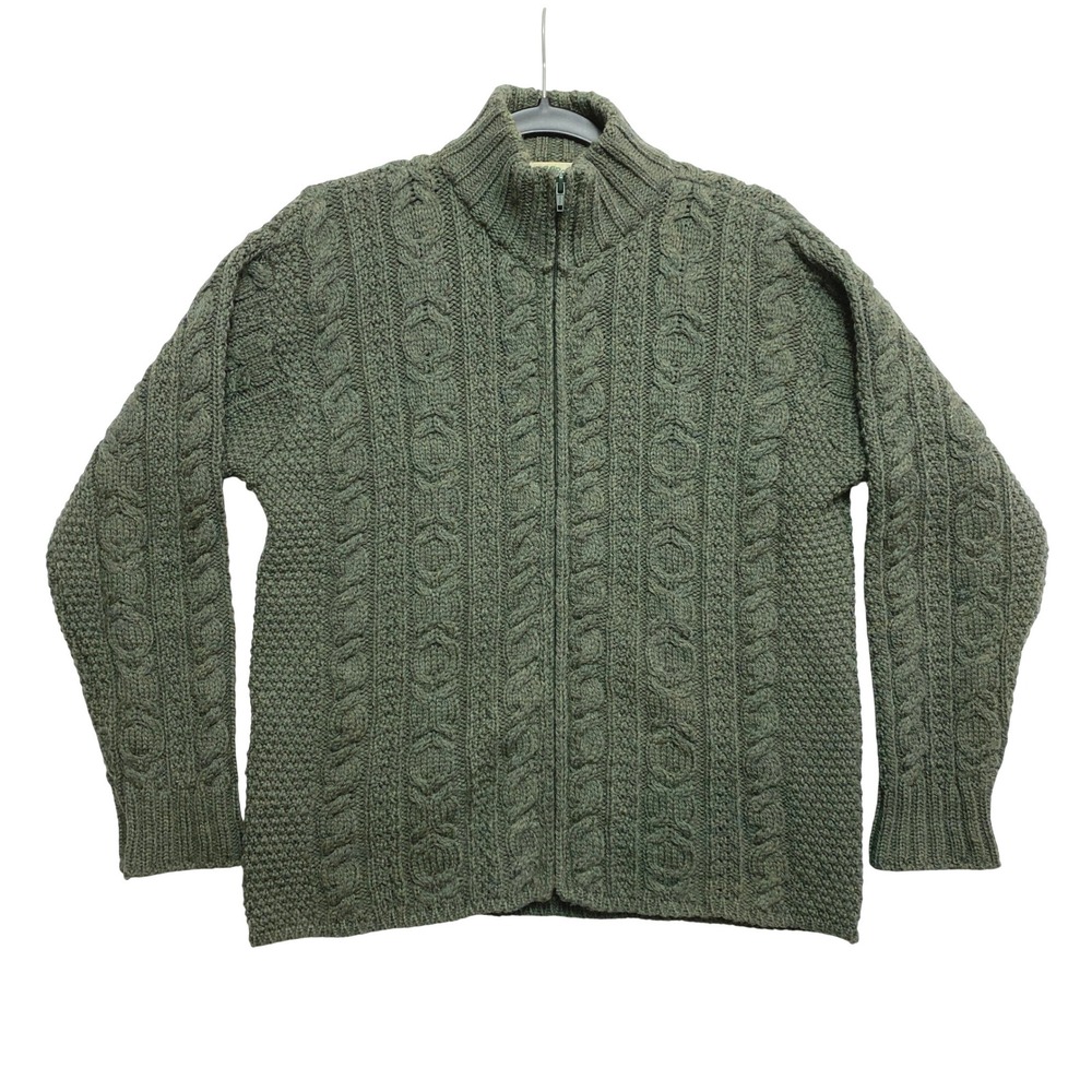 Aran Crafts Sweater Mens Medium Green Merino Wool Full Zip Cable Knit Ireland
